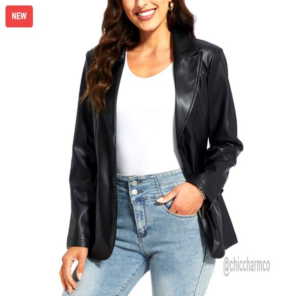 Faux Leather Blazer Jacket Oversized Moto Biker Coat Vegan Pleather Chic
